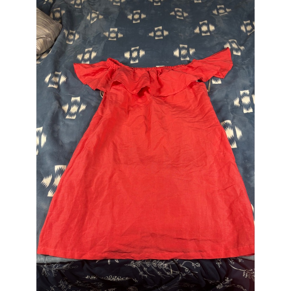 Tommy Bahama Women Coral Red Linen Blend Off Shoulder Ruffle Mini Dress S